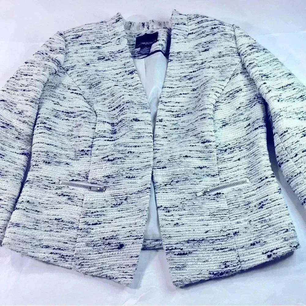 Cynthia Rowley White Blue Tweed Blazer Jacket Zip Pockets Collarless small women